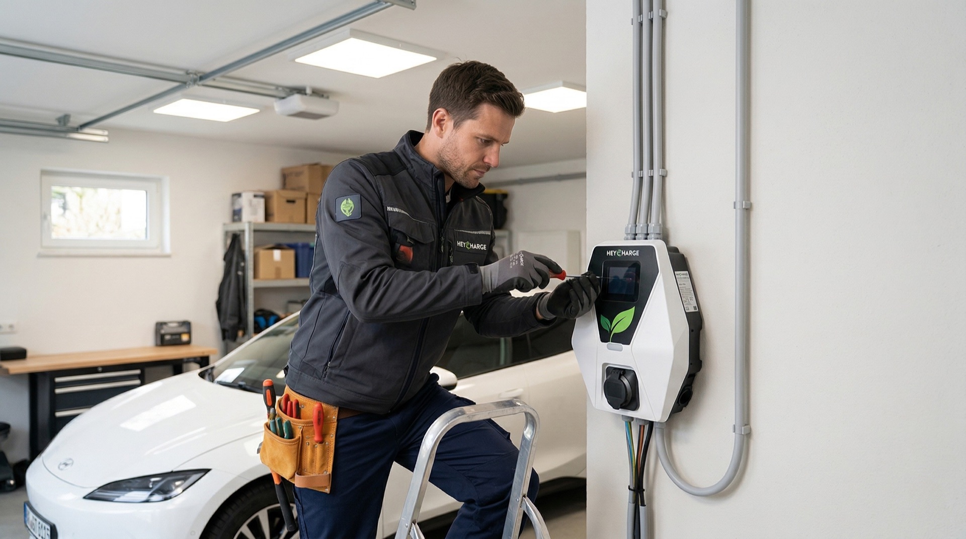 Electrician installing an EV wallbox charger in a residential garage